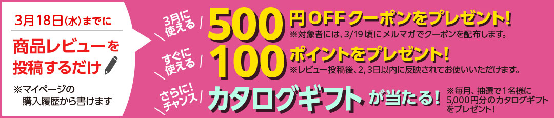 レビュー投稿で500円OFFクーポンと100ポイントをプレゼントキャンペーン